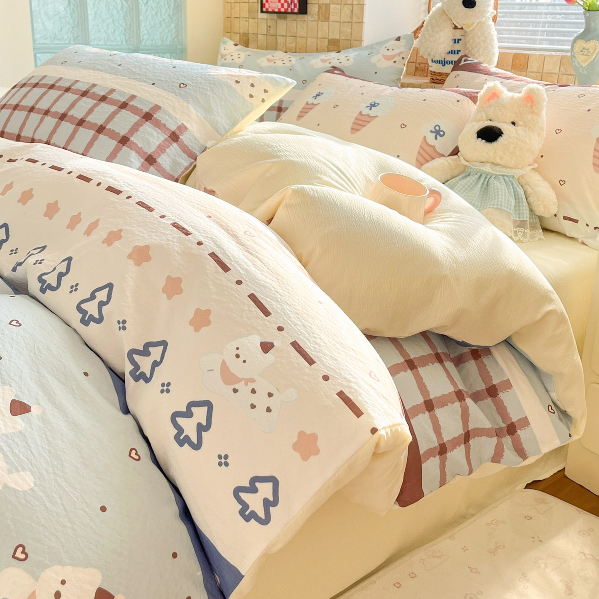 91家纺网 家纺一手货源 找家纺 川悦生活 2026新款云感双层纱木棉四件套 巧克力乐园