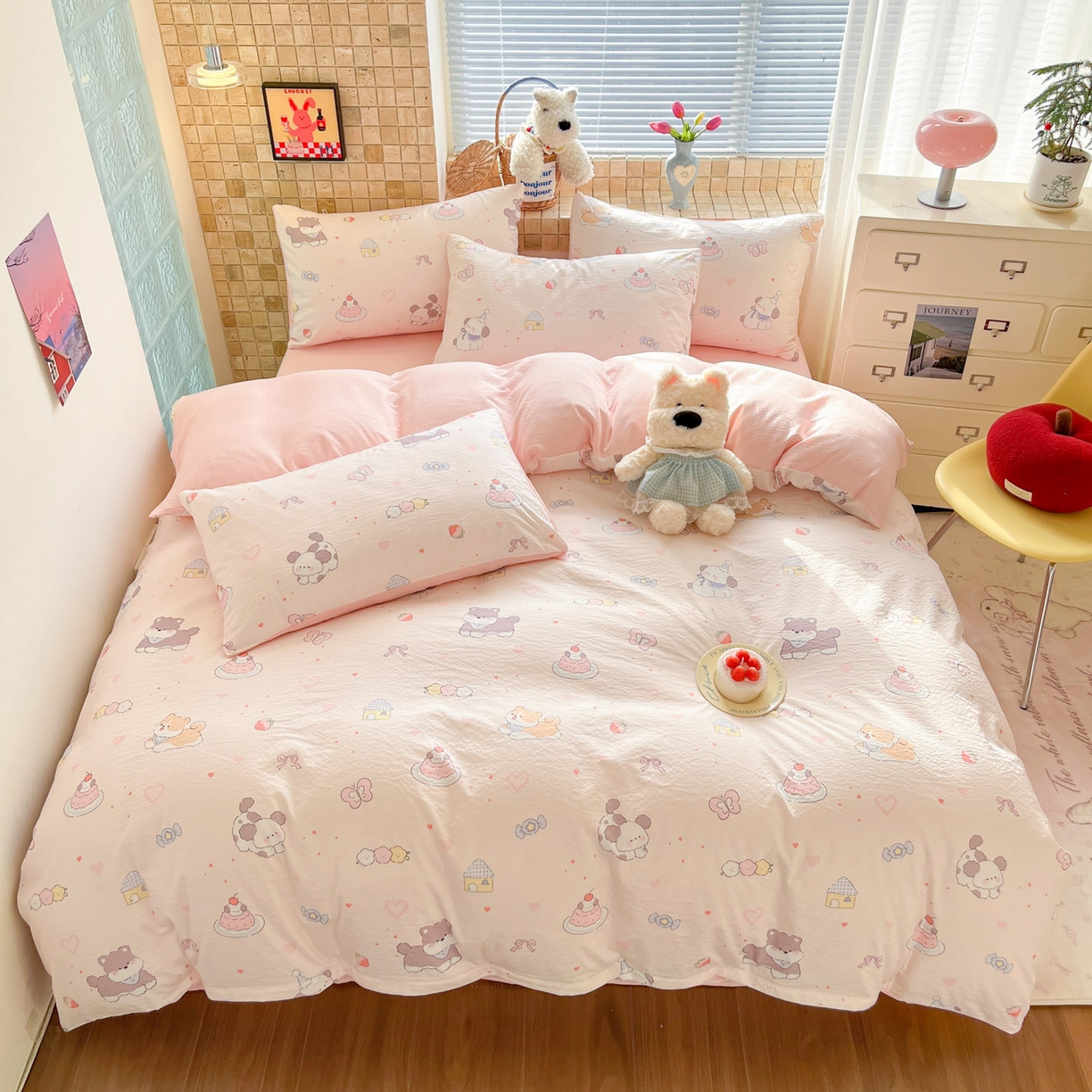 91家纺网 家纺一手货源 找家纺 川悦生活 2026新款云感双层纱木棉四件套 糖豆小旺