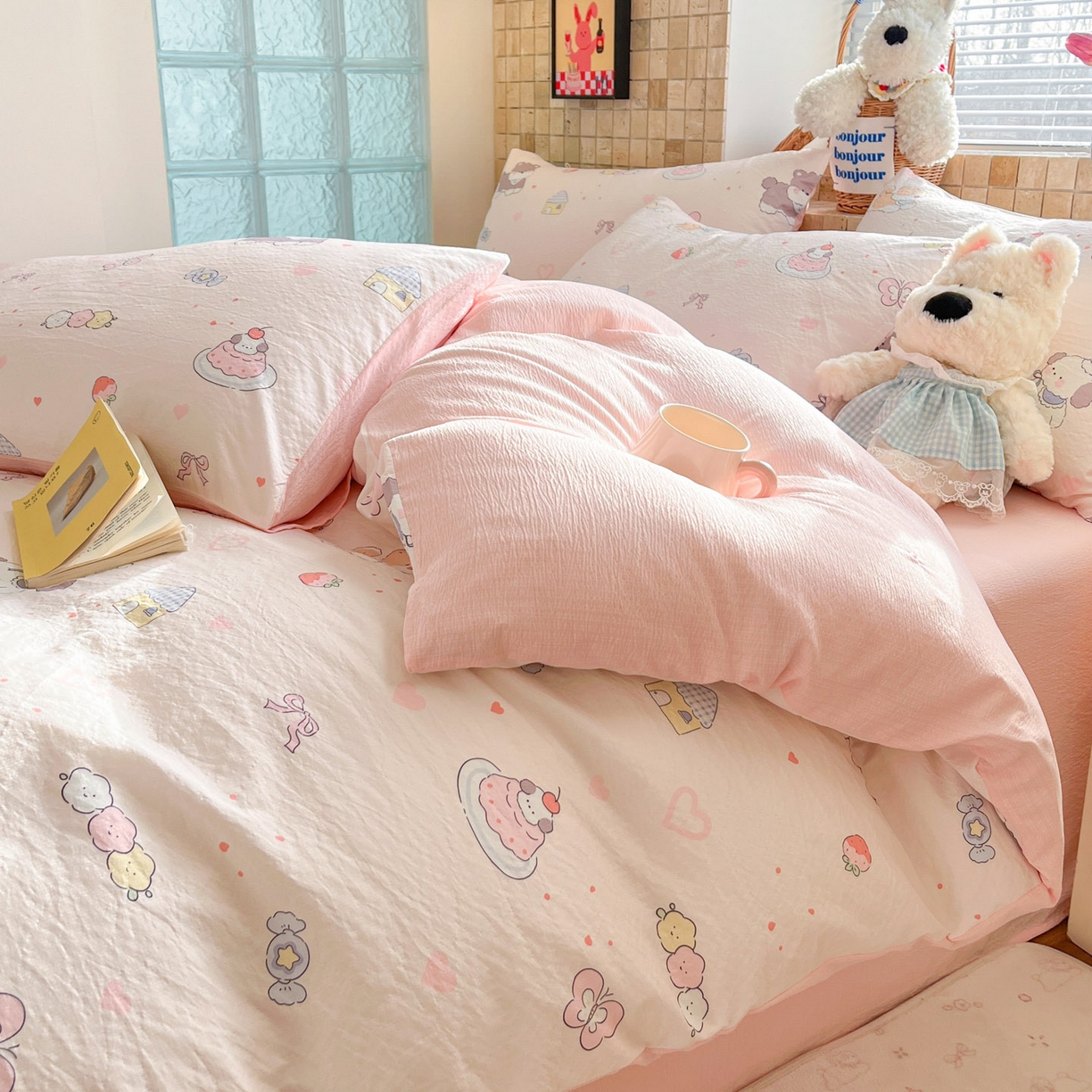 91家纺网 家纺一手货源 找家纺 川悦生活 2026新款云感双层纱木棉四件套 糖豆小旺