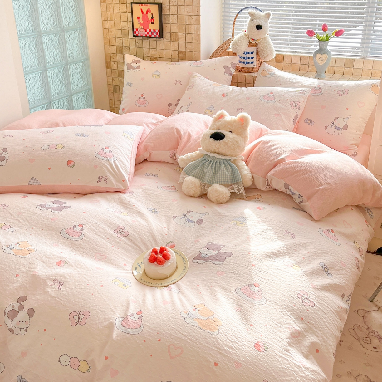 91家纺网 家纺一手货源 找家纺 川悦生活 2026新款云感双层纱木棉四件套 糖豆小旺