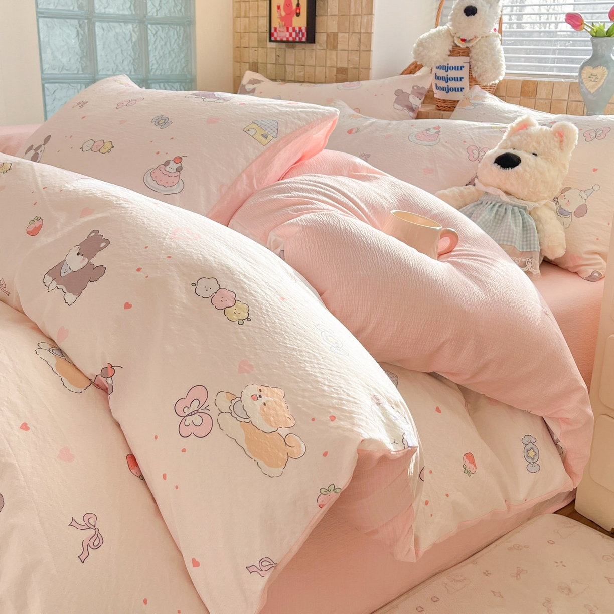 91家纺网 家纺一手货源 找家纺 川悦生活 2026新款云感双层纱木棉四件套 糖豆小旺