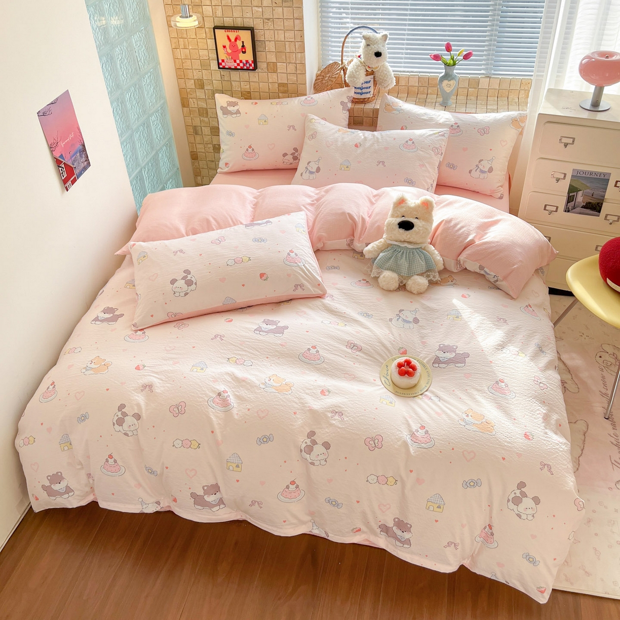 91家纺网 家纺一手货源 找家纺 川悦生活 2026新款云感双层纱木棉四件套 糖豆小旺