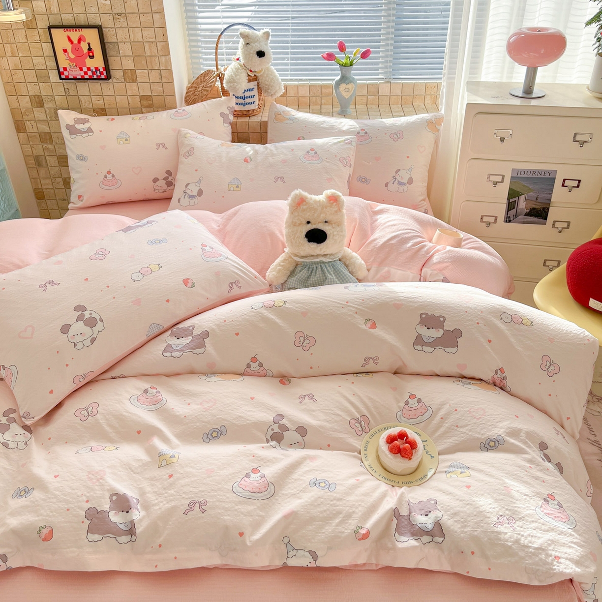 91家纺网 家纺一手货源 找家纺 川悦生活 2026新款云感双层纱木棉四件套 糖豆小旺