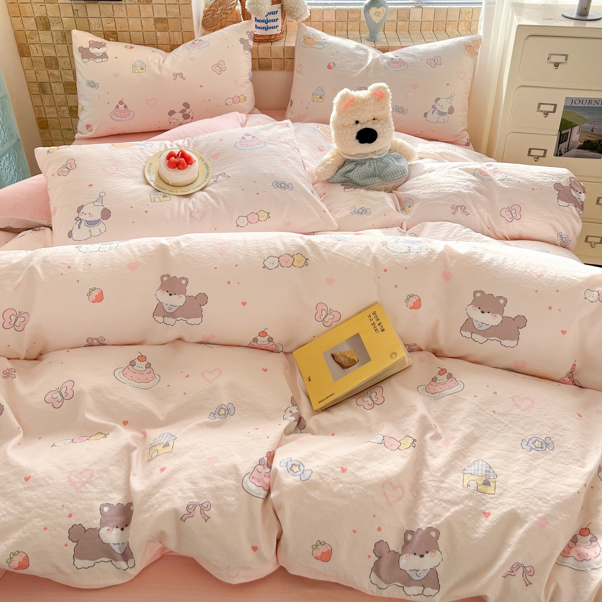 91家纺网 家纺一手货源 找家纺 川悦生活 2026新款云感双层纱木棉四件套 糖豆小旺