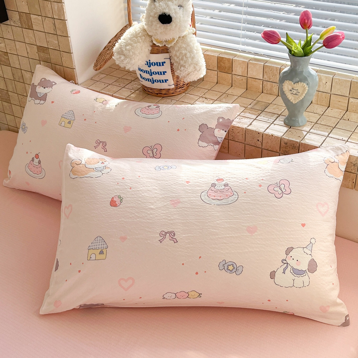 91家纺网 家纺一手货源 找家纺 川悦生活 2026新款云感双层纱木棉四件套 糖豆小旺