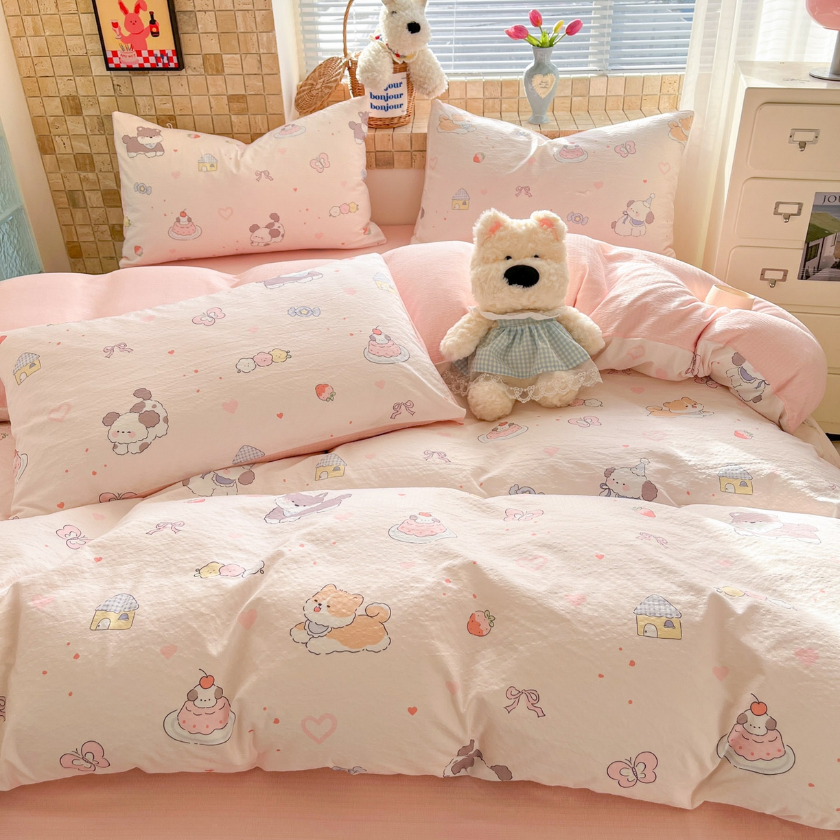 91家纺网 家纺一手货源 找家纺 川悦生活 2026新款云感双层纱木棉四件套 糖豆小旺