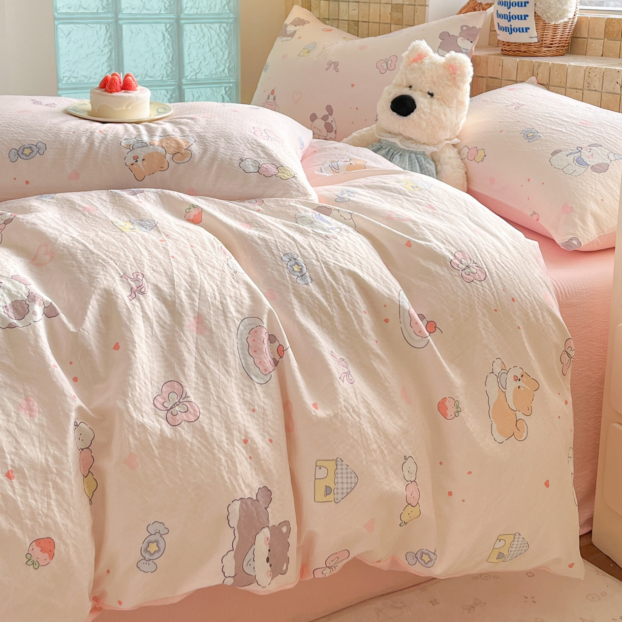 91家纺网 家纺一手货源 找家纺 川悦生活 2026新款云感双层纱木棉四件套 糖豆小旺