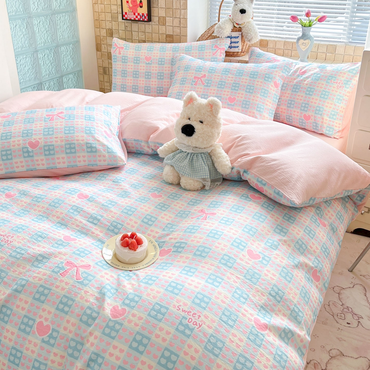 91家纺网 家纺一手货源 找家纺 川悦生活 2026新款云感双层纱木棉四件套 甜梦心愿