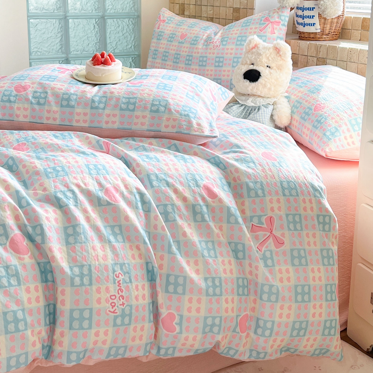 91家纺网 家纺一手货源 找家纺 川悦生活 2026新款云感双层纱木棉四件套 甜梦心愿