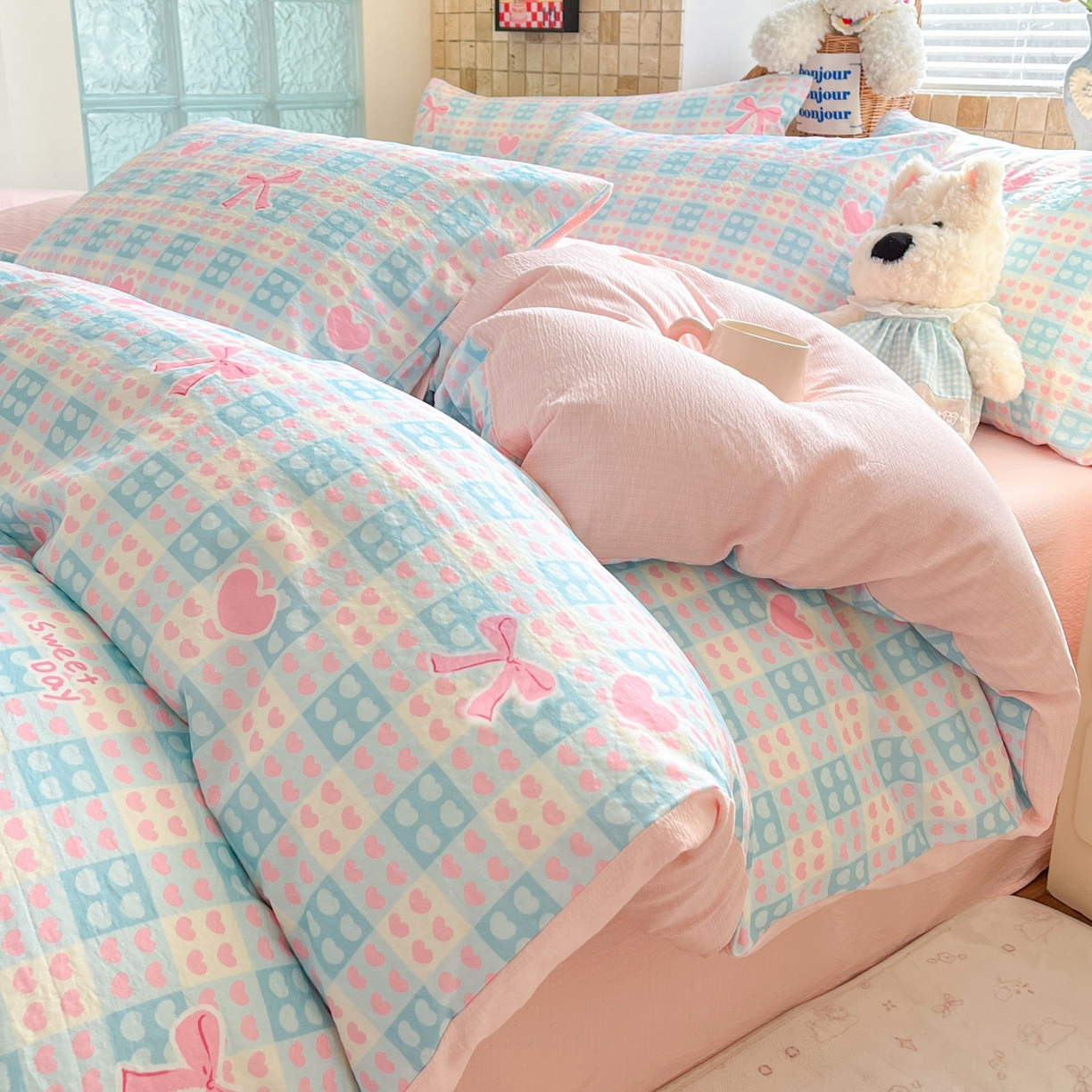 91家纺网 家纺一手货源 找家纺 川悦生活 2026新款云感双层纱木棉四件套 甜梦心愿