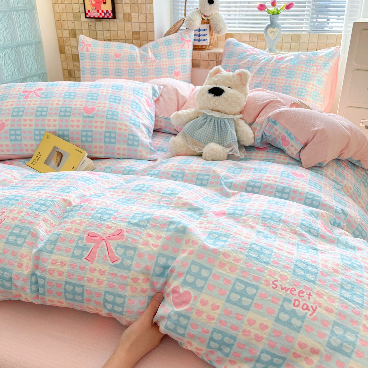 91家纺网 家纺一手货源 找家纺 川悦生活 2026新款云感双层纱木棉四件套 甜梦心愿