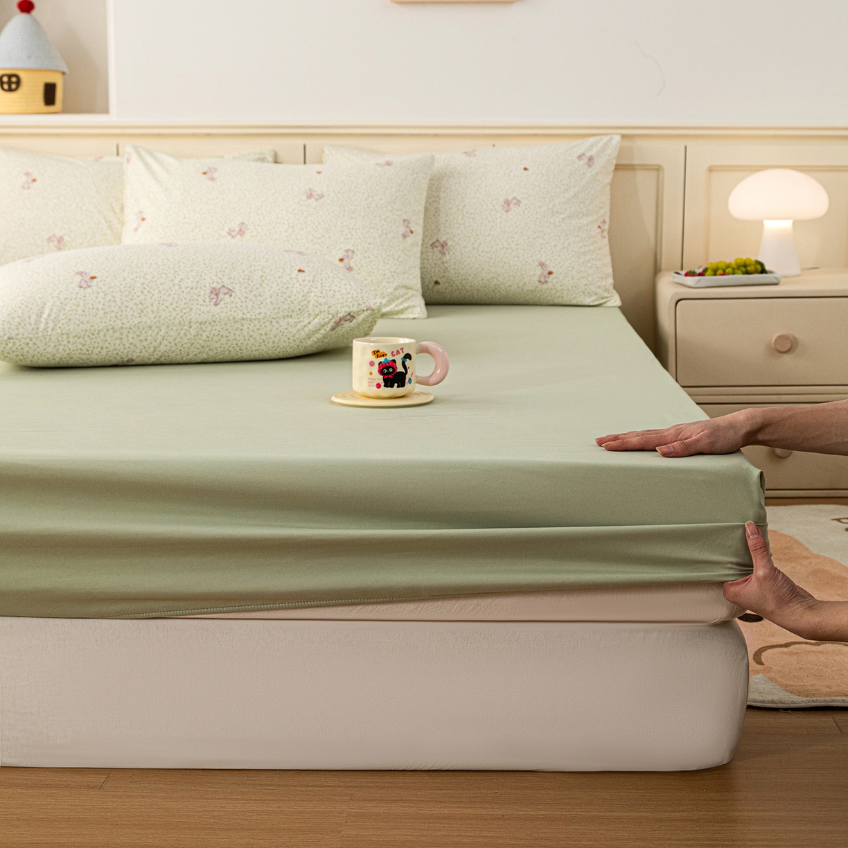 梦纤绒 2026新款卡通印花床笠单品床笠床笠单件 萌免绿