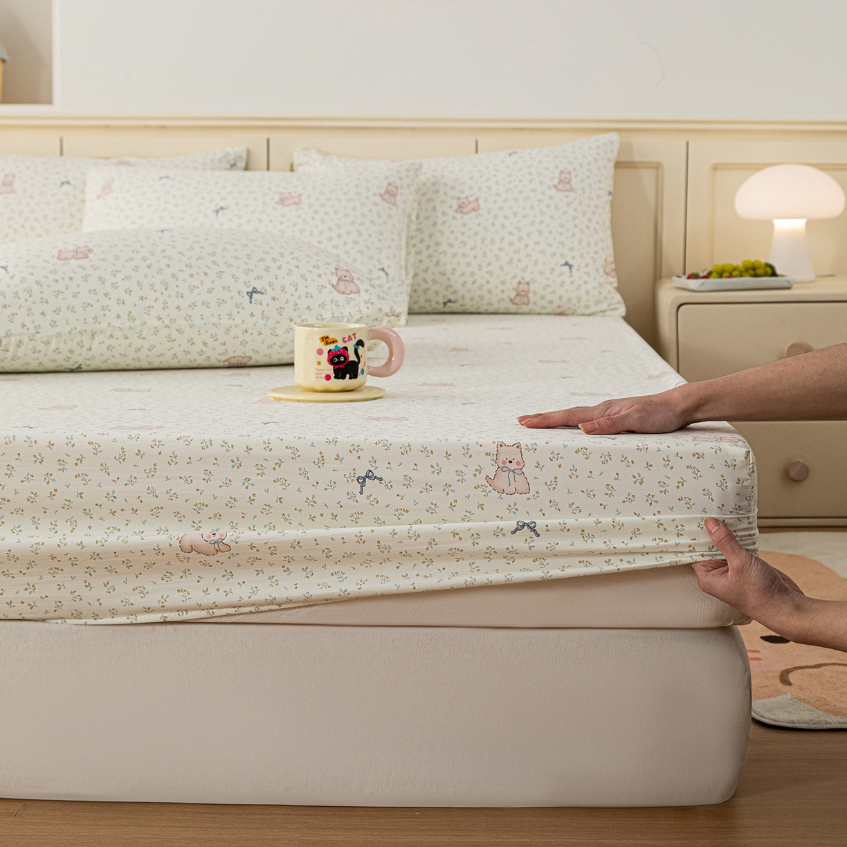 梦纤绒 2026新款卡通印花床笠单品床笠床笠单件 喵趣蝴蝶