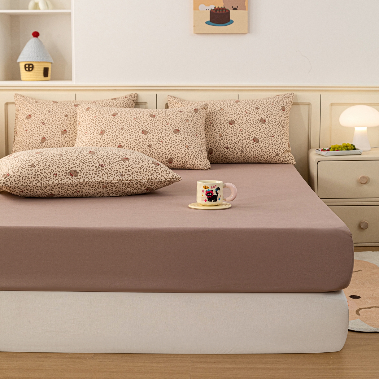 91家纺网 家纺一手货源 找家纺 梦纤绒 2026新款卡通印花床笠单品床笠床笠单件 豹纹咖