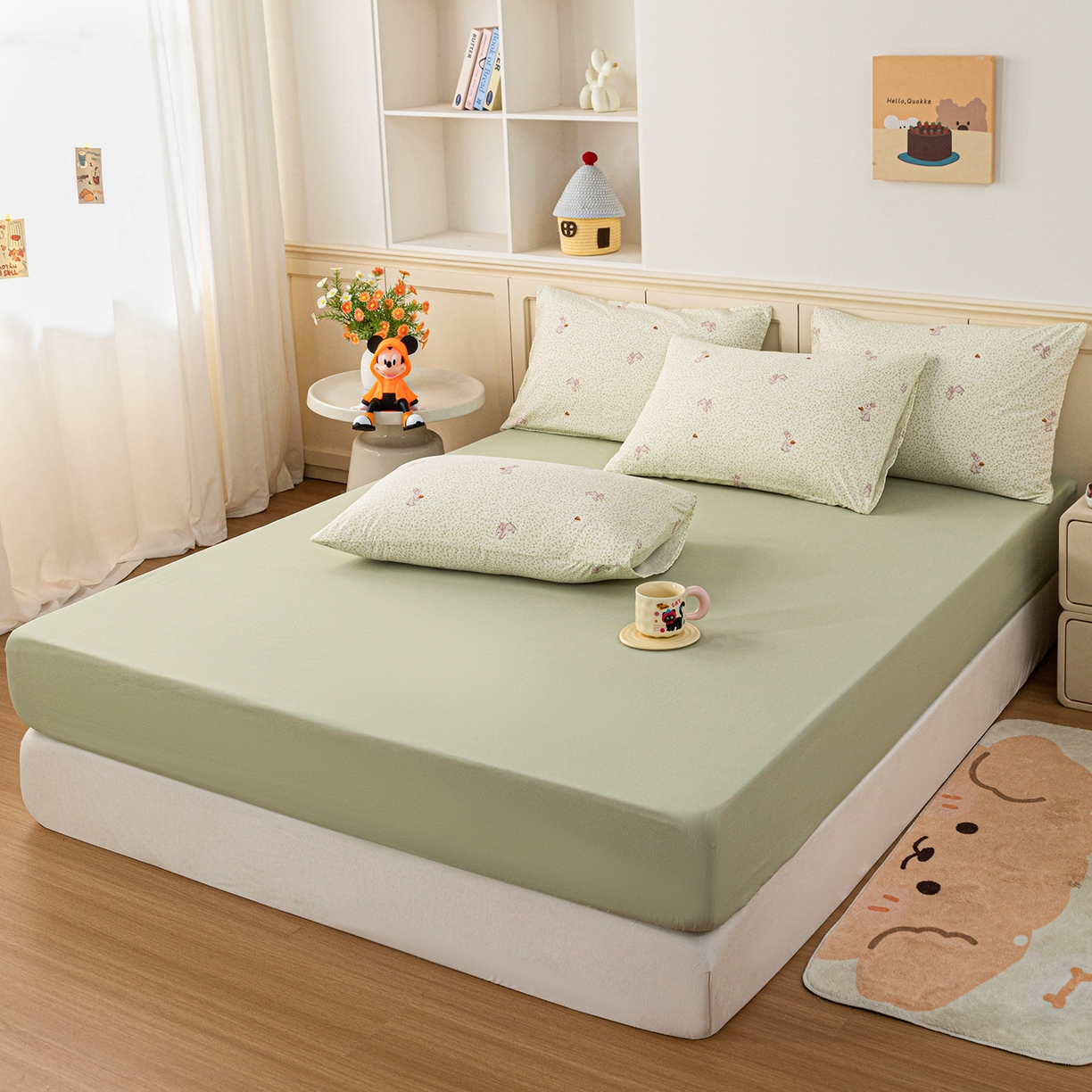 91家纺网 家纺一手货源 找家纺 梦纤绒 2026新款卡通印花床笠单品床笠床笠单件 萌免绿