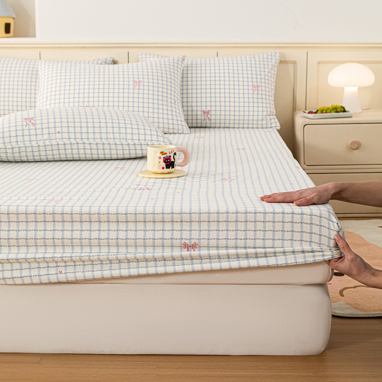 梦纤绒 2026新款卡通印花床笠单品床笠床笠单件 雾兰格纹