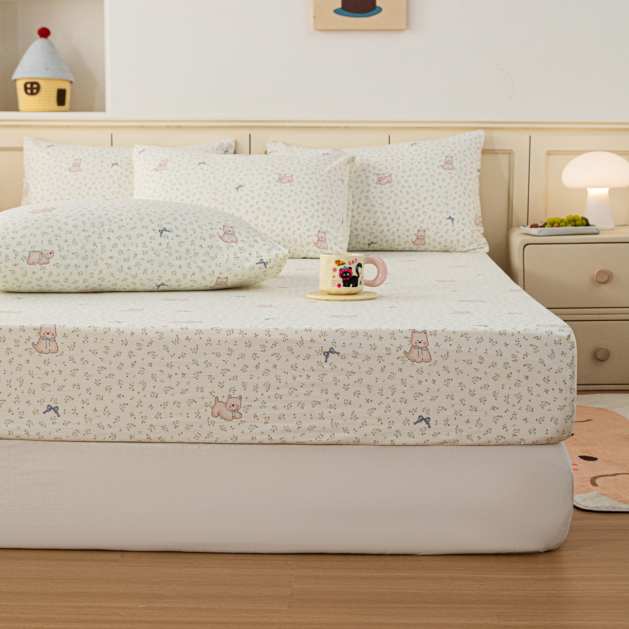 91家纺网 家纺一手货源 找家纺 梦纤绒 2026新款卡通印花床笠单品床笠床笠单件 喵趣蝴蝶