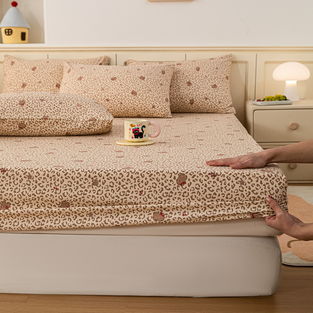 梦纤绒 2026新款卡通印花床笠单品床笠床笠单件 豹纹喵影