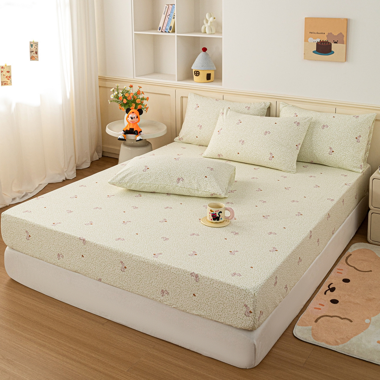 91家纺网 家纺一手货源 找家纺 梦纤绒 2026新款卡通印花床笠单品床笠床笠单件 萌兔小窝