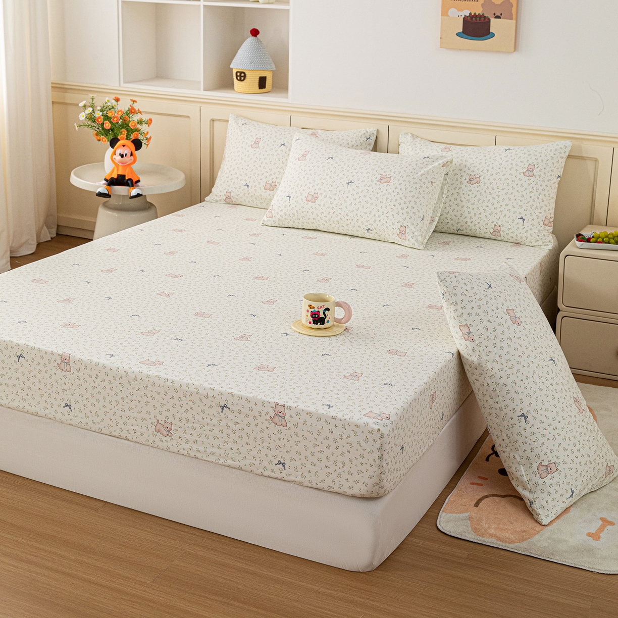 91家纺网 家纺一手货源 找家纺 梦纤绒 2026新款卡通印花床笠单品床笠床笠单件 喵趣蝴蝶