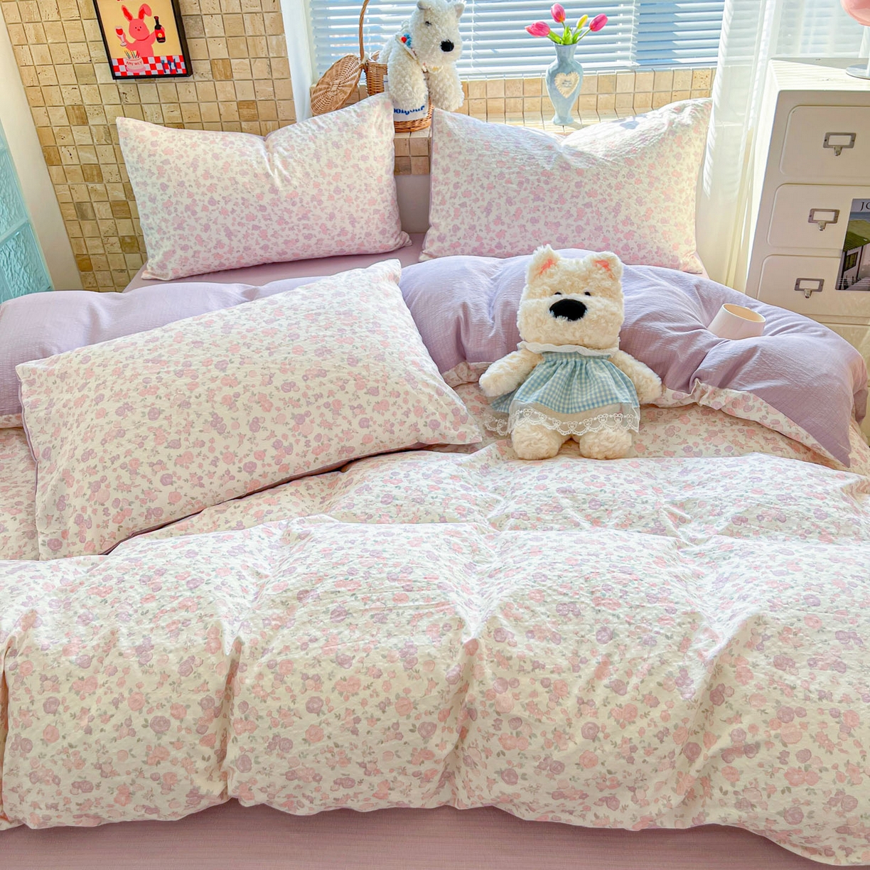 91家纺网 家纺一手货源 找家纺 川悦生活 2026新款云感双层纱木棉四件套 香芋甜梦