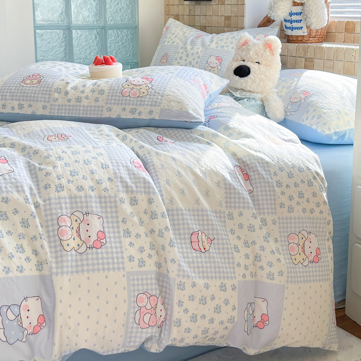 91家纺网 家纺一手货源 找家纺 川悦生活 2026新款云感双层纱木棉四件套 小猫庄园