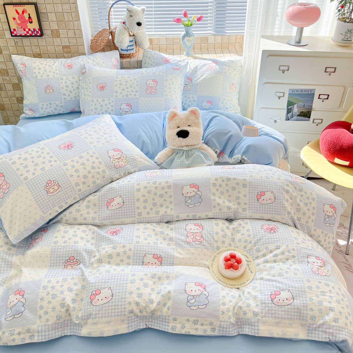 91家纺网 家纺一手货源 找家纺 川悦生活 2026新款云感双层纱木棉四件套 小猫庄园