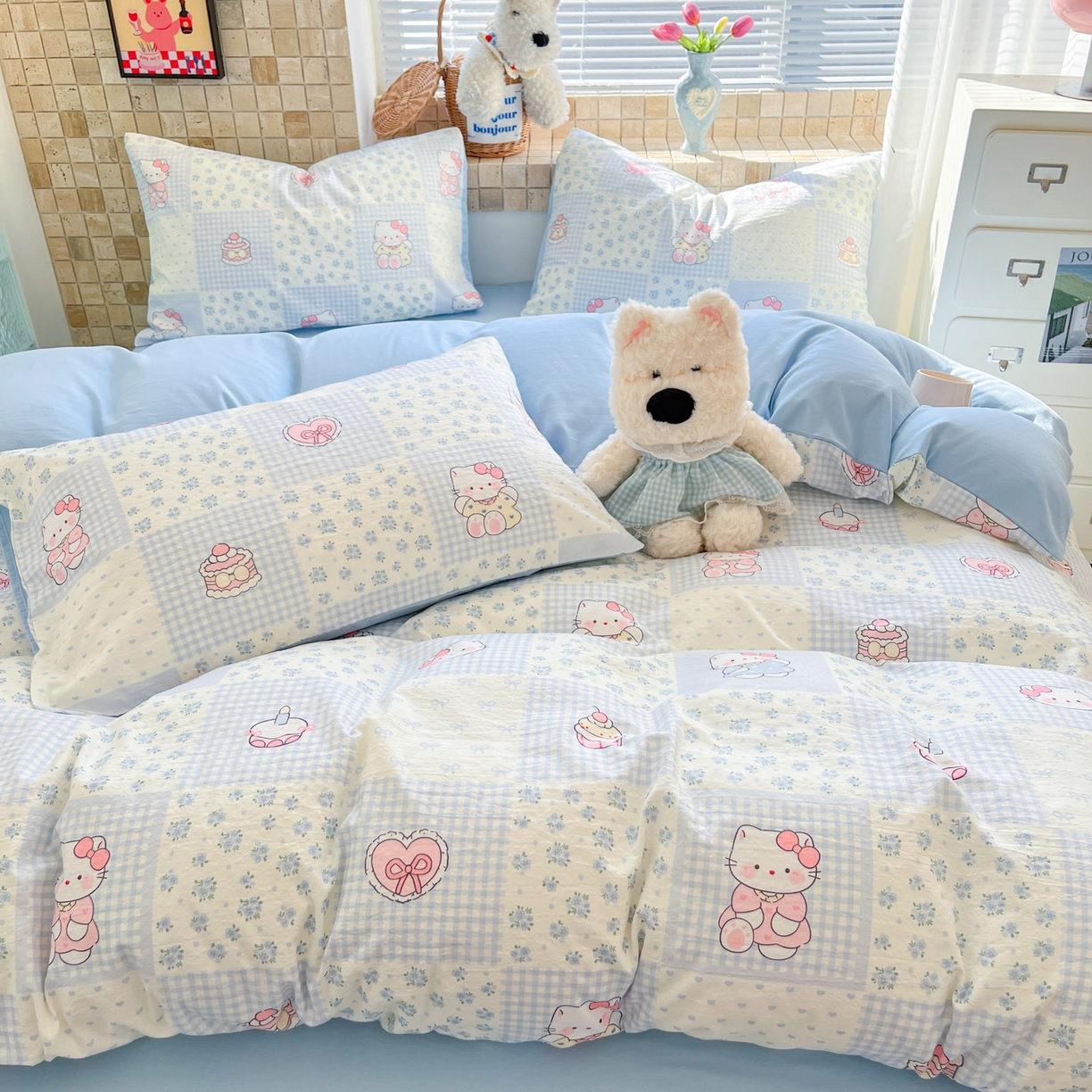 91家纺网 家纺一手货源 找家纺 川悦生活 2026新款云感双层纱木棉四件套 小猫庄园