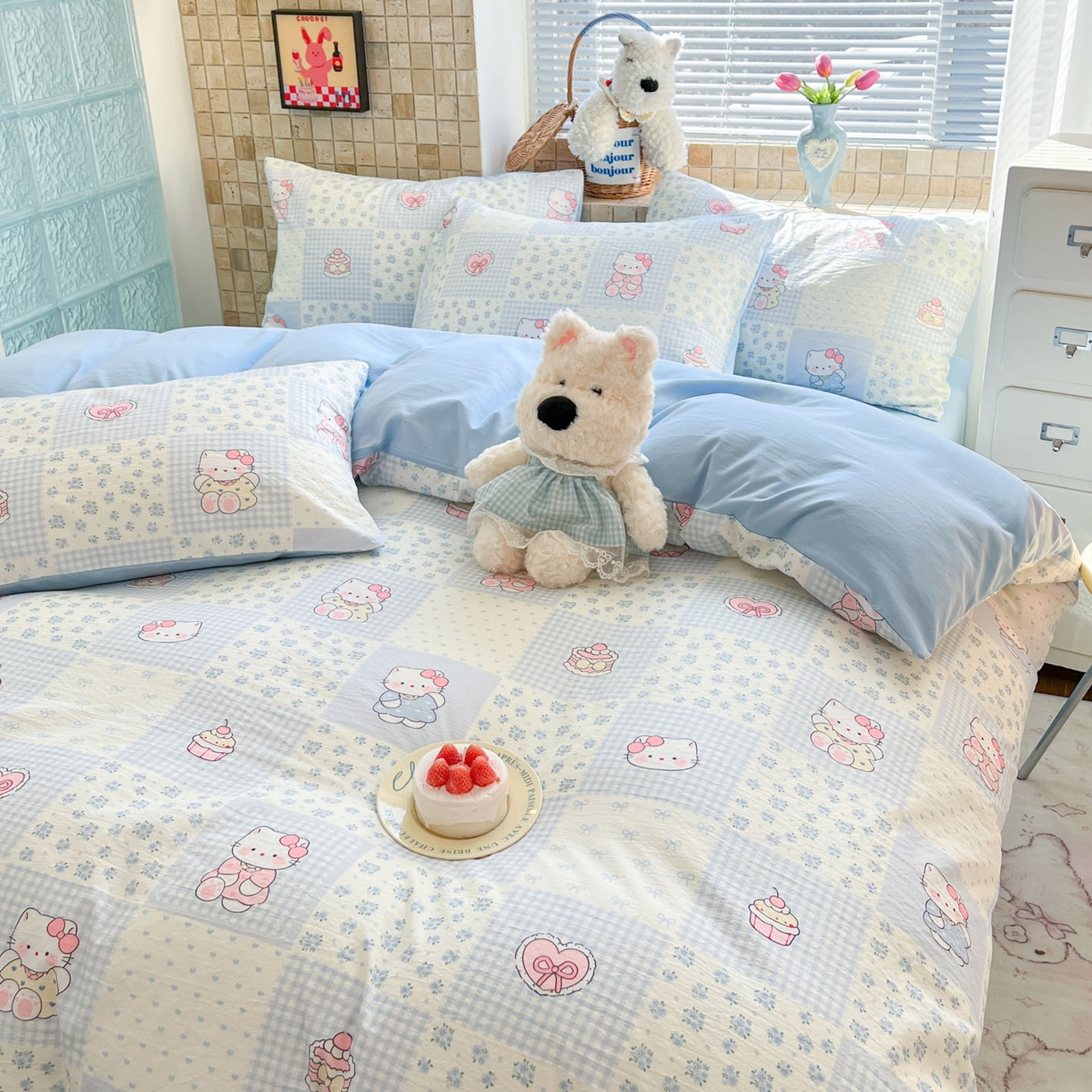 91家纺网 家纺一手货源 找家纺 川悦生活 2026新款云感双层纱木棉四件套 小猫庄园