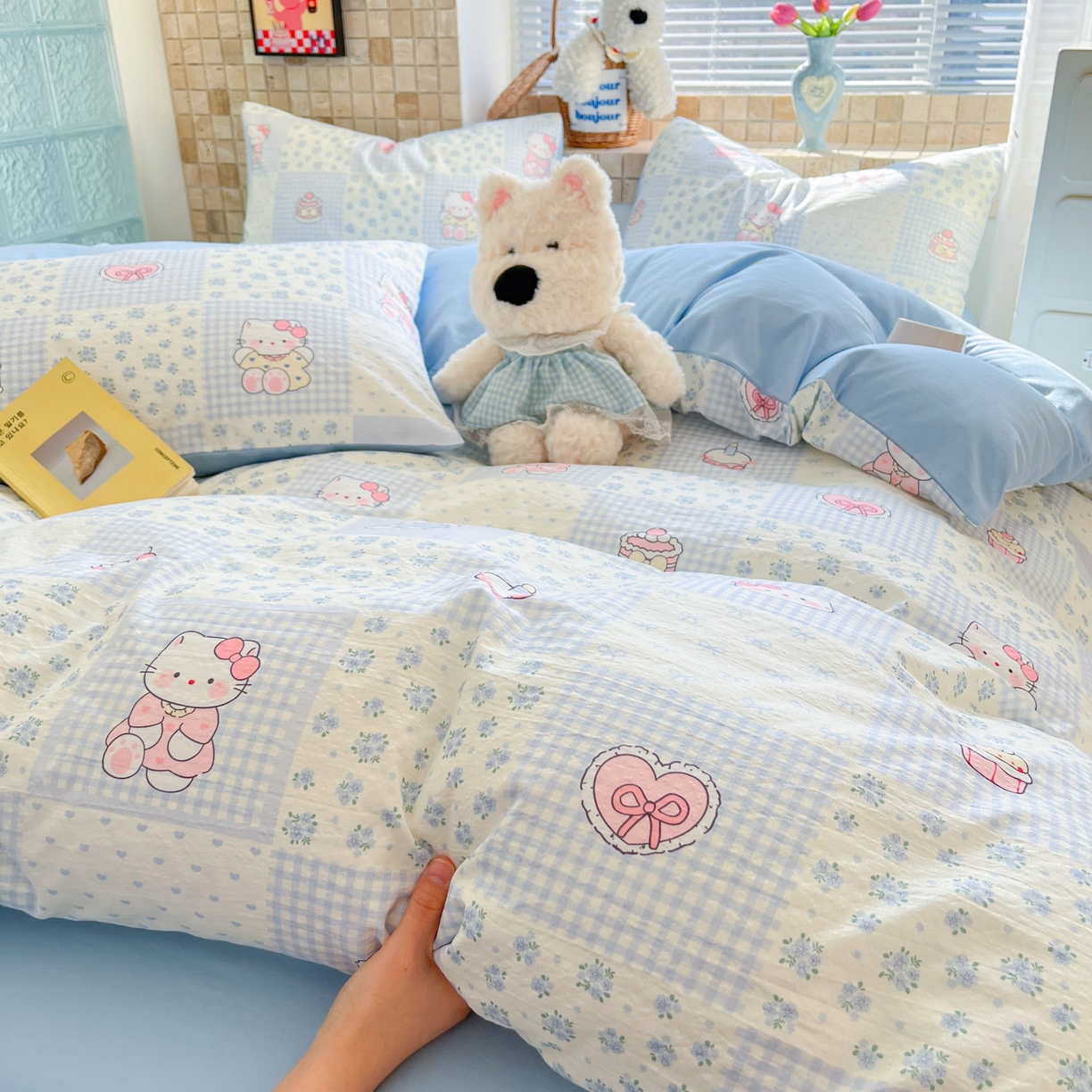 91家纺网 家纺一手货源 找家纺 川悦生活 2026新款云感双层纱木棉四件套 小猫庄园