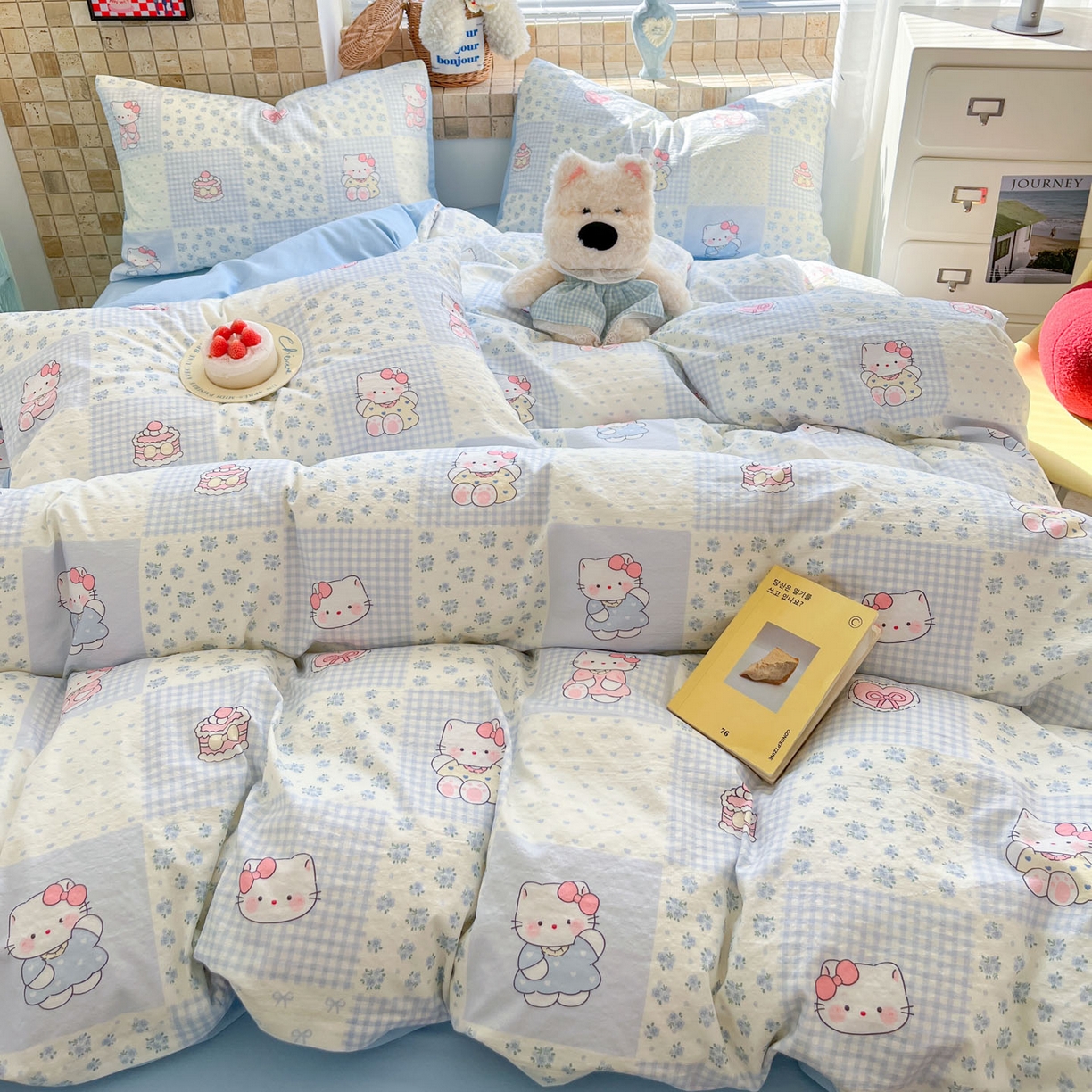 91家纺网 家纺一手货源 找家纺 川悦生活 2026新款云感双层纱木棉四件套 小猫庄园