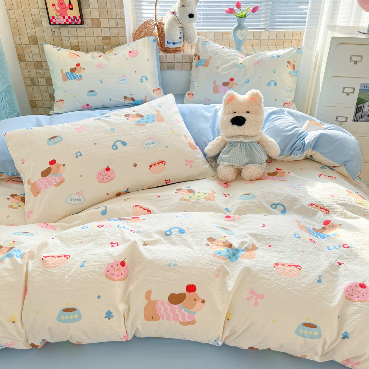 91家纺网 家纺一手货源 找家纺 川悦生活 2026新款云感双层纱木棉四件套 腊肠庄园