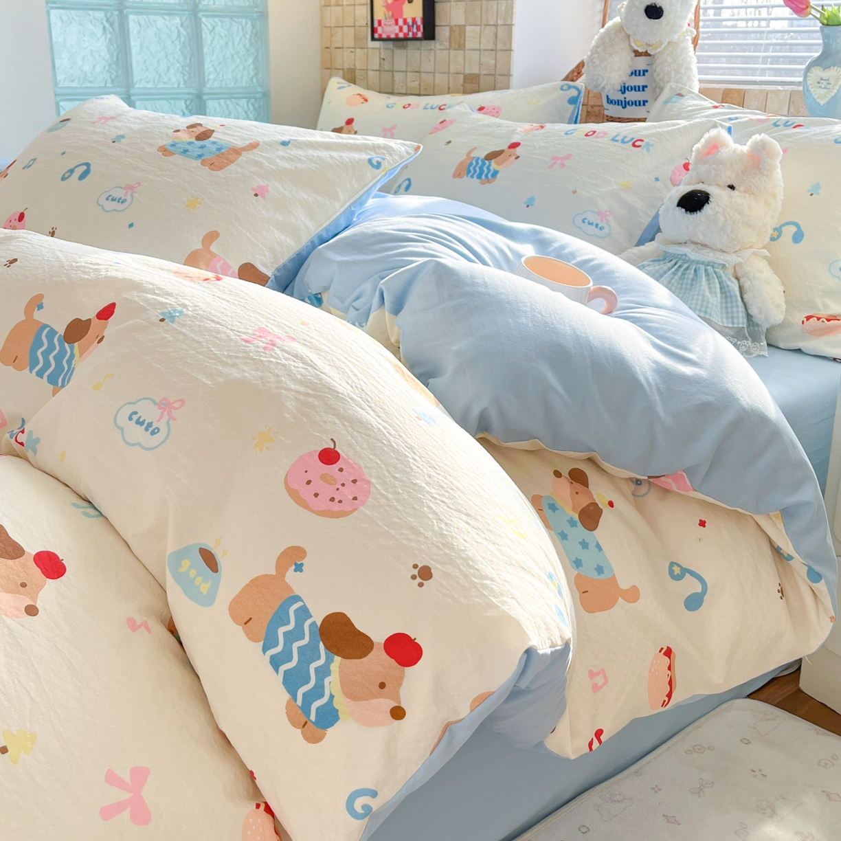 91家纺网 家纺一手货源 找家纺 川悦生活 2026新款云感双层纱木棉四件套 腊肠庄园