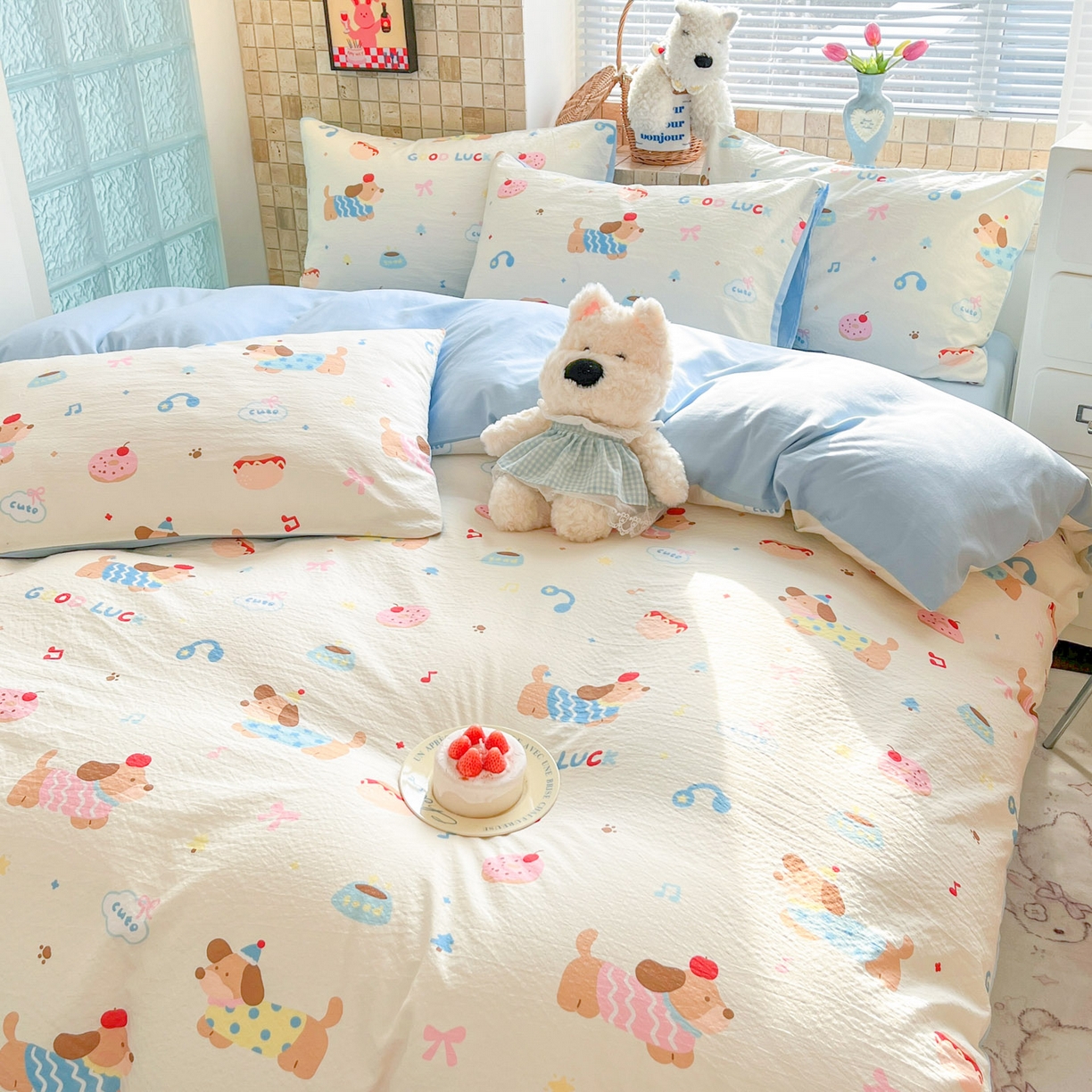 91家纺网 家纺一手货源 找家纺 川悦生活 2026新款云感双层纱木棉四件套 腊肠庄园