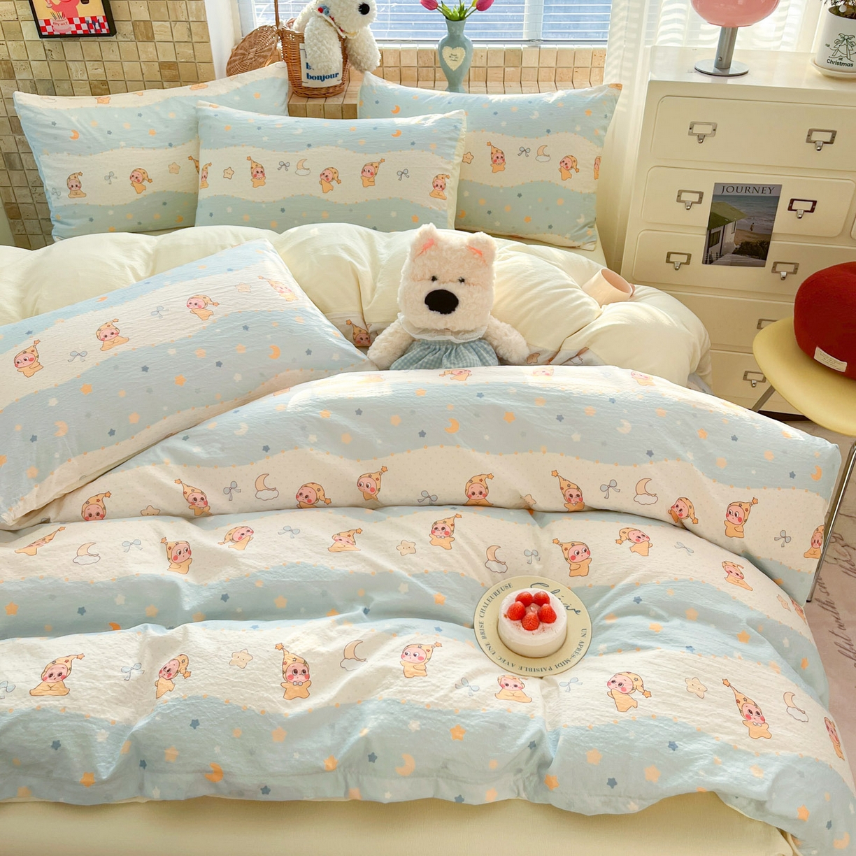 91家纺网 家纺一手货源 找家纺 川悦生活 2026新款云感双层纱木棉四件套 数星星