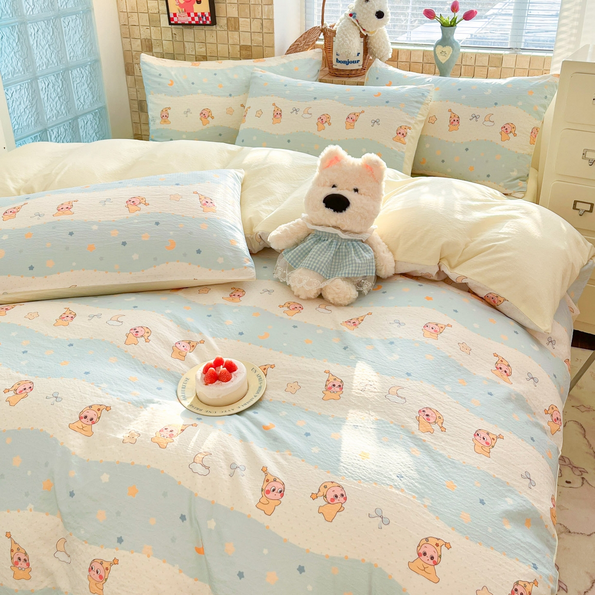 91家纺网 家纺一手货源 找家纺 川悦生活 2026新款云感双层纱木棉四件套 数星星