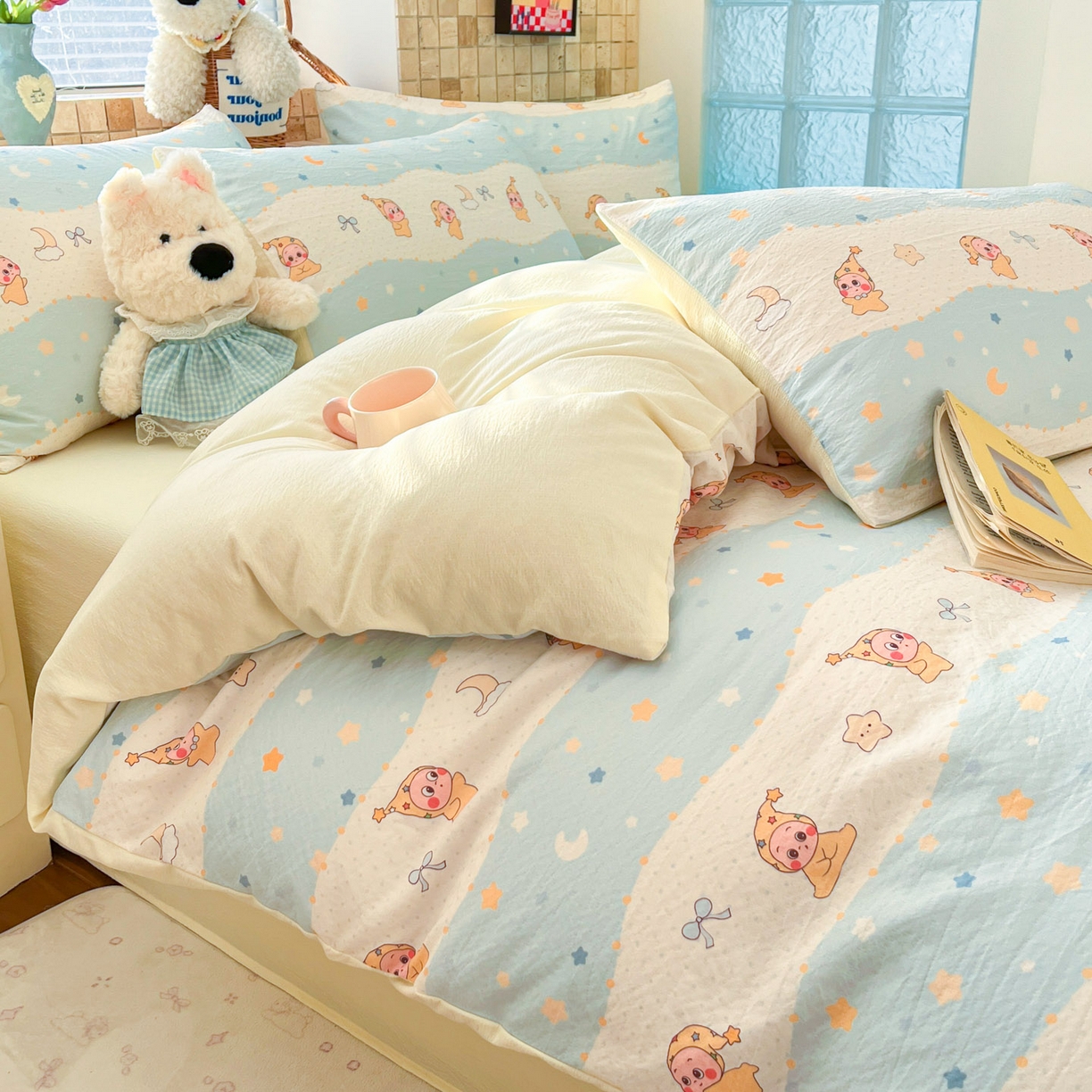 91家纺网 家纺一手货源 找家纺 川悦生活 2026新款云感双层纱木棉四件套 数星星