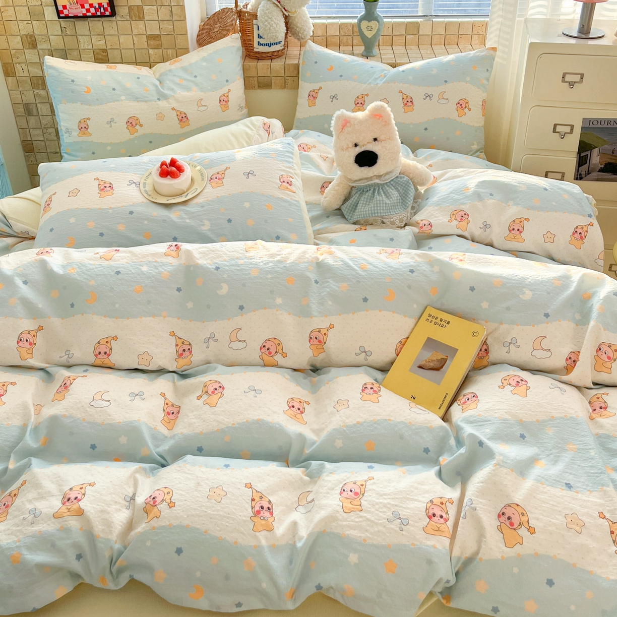 91家纺网 家纺一手货源 找家纺 川悦生活 2026新款云感双层纱木棉四件套 数星星