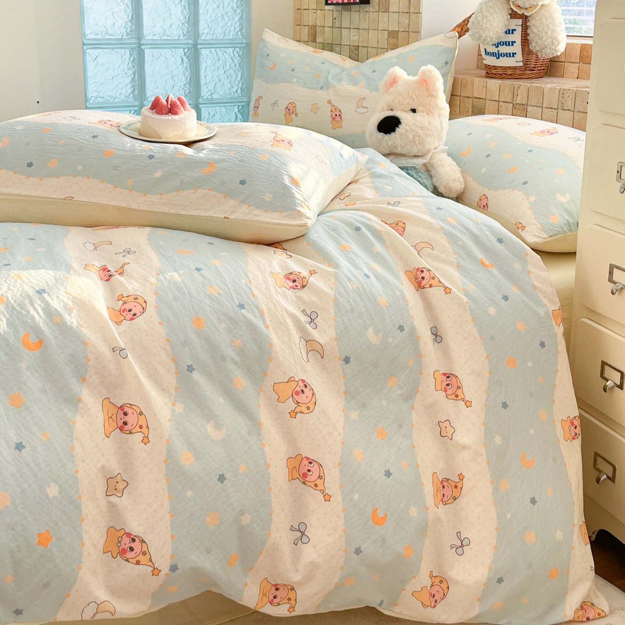 91家纺网 家纺一手货源 找家纺 川悦生活 2026新款云感双层纱木棉四件套 数星星