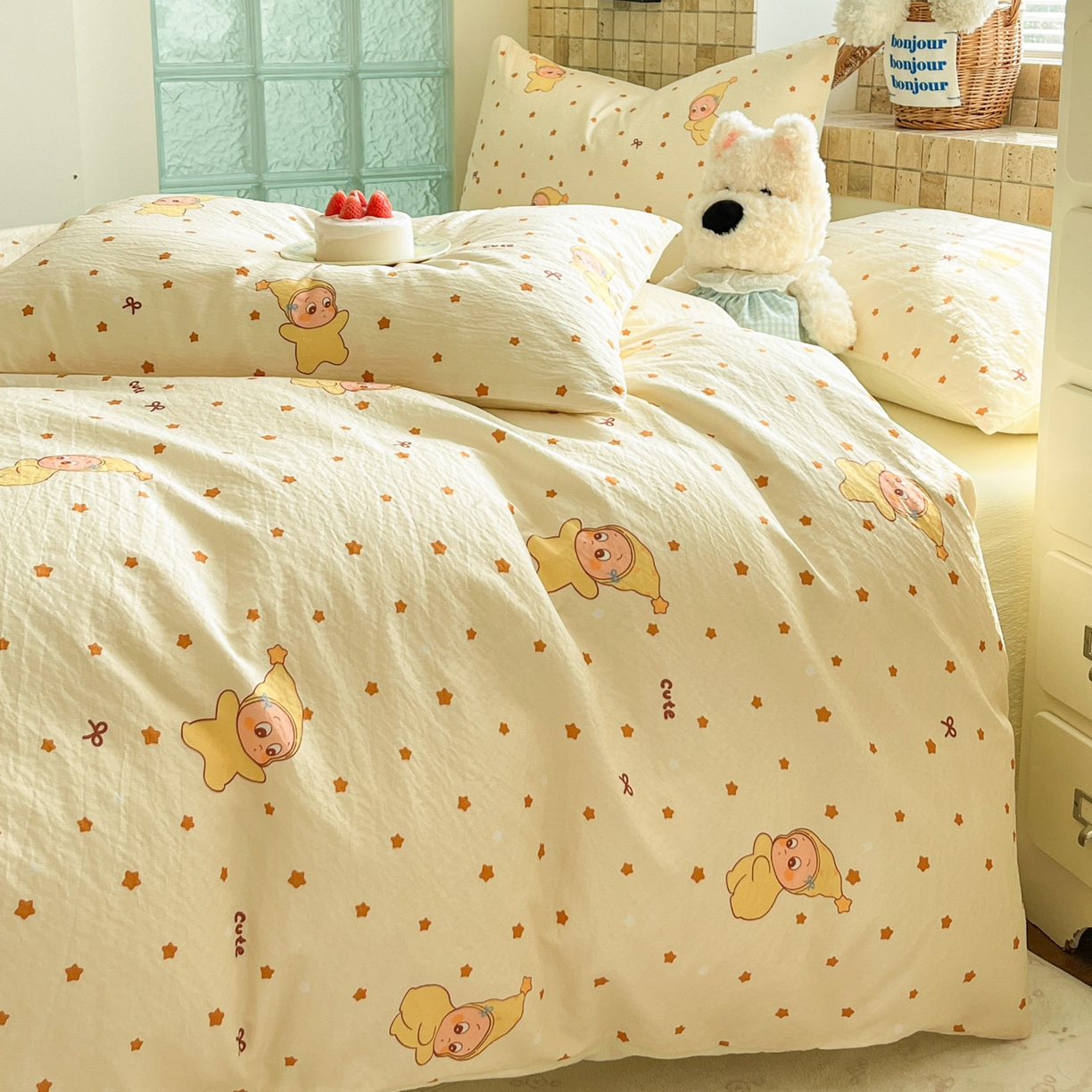 91家纺网 家纺一手货源 找家纺 川悦生活 2026新款云感双层纱木棉四件套 恰星星