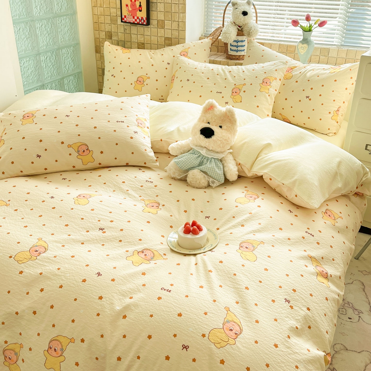 91家纺网 家纺一手货源 找家纺 川悦生活 2026新款云感双层纱木棉四件套 恰星星