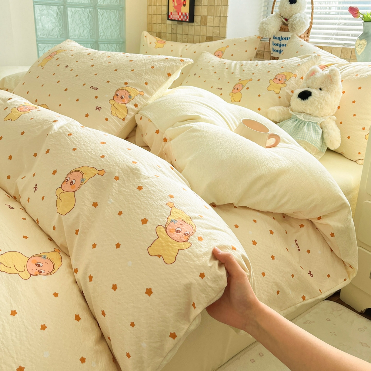 川悦生活 2026新款云感双层纱木棉四件套 恰星星