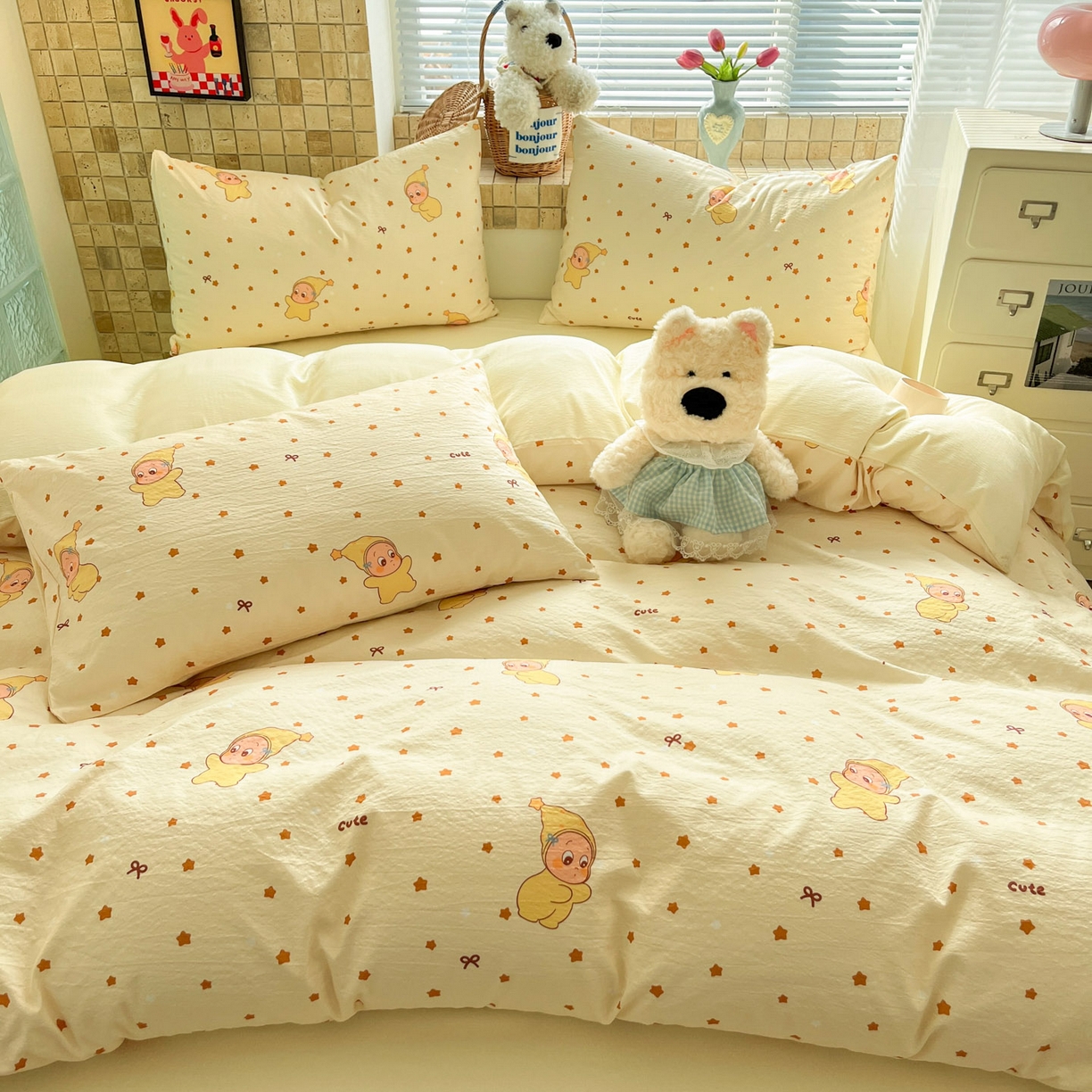 91家纺网 家纺一手货源 找家纺 川悦生活 2026新款云感双层纱木棉四件套 恰星星