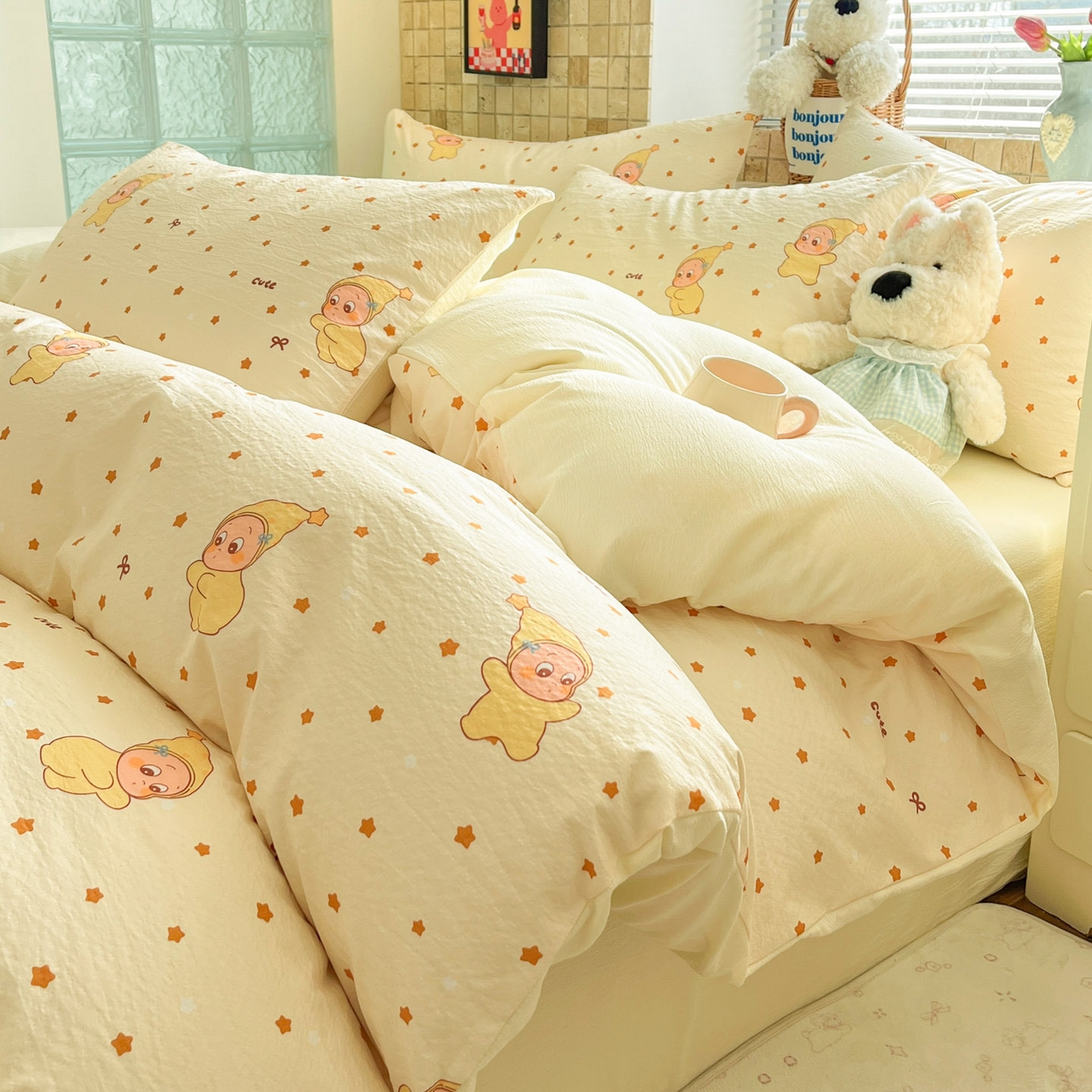 91家纺网 家纺一手货源 找家纺 川悦生活 2026新款云感双层纱木棉四件套 恰星星