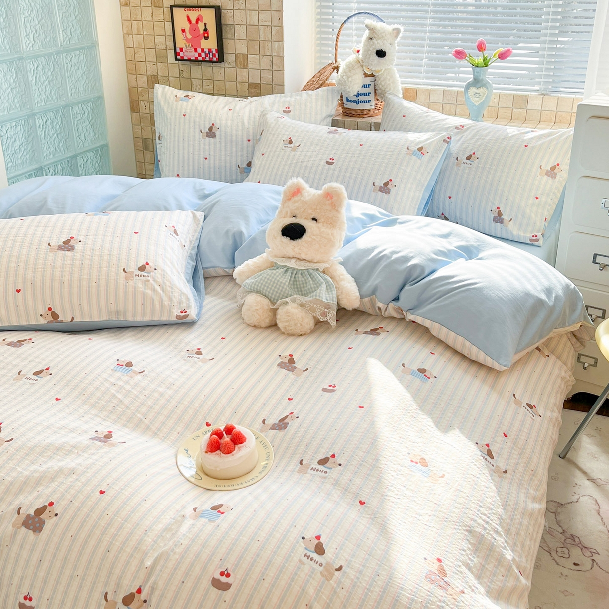 91家纺网 家纺一手货源 找家纺 川悦生活 2026新款云感双层纱木棉四件套 腊肠甜心