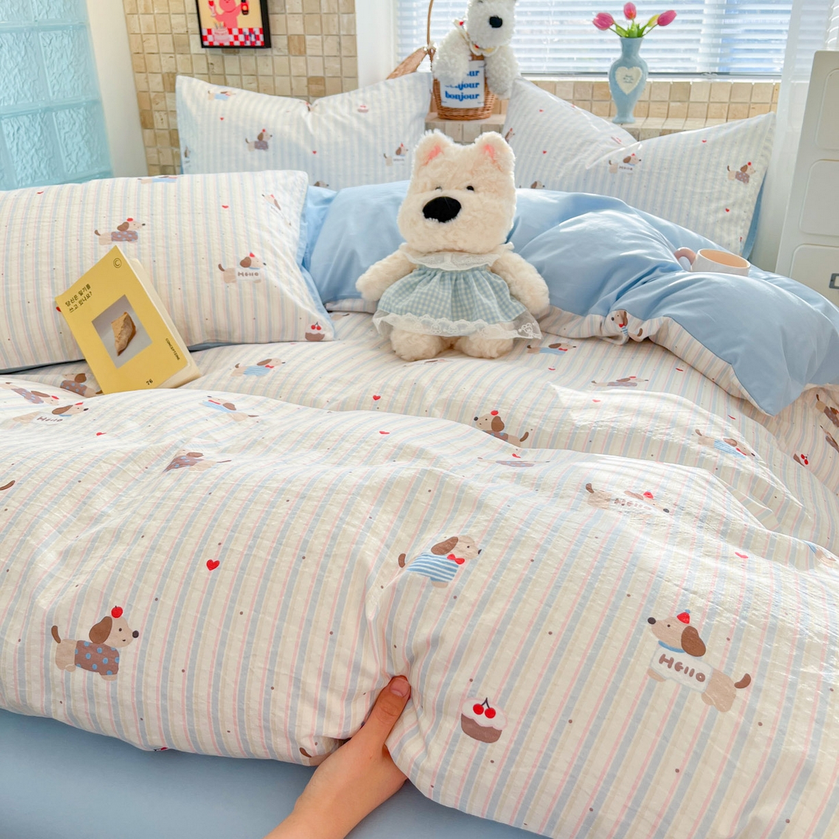 91家纺网 家纺一手货源 找家纺 川悦生活 2026新款云感双层纱木棉四件套 腊肠甜心