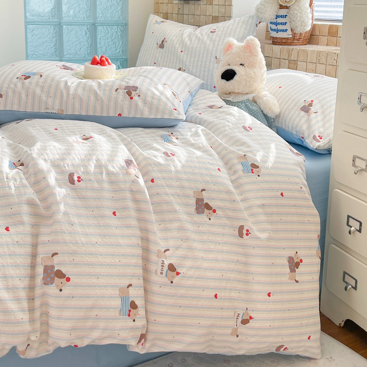 91家纺网 家纺一手货源 找家纺 川悦生活 2026新款云感双层纱木棉四件套 腊肠甜心