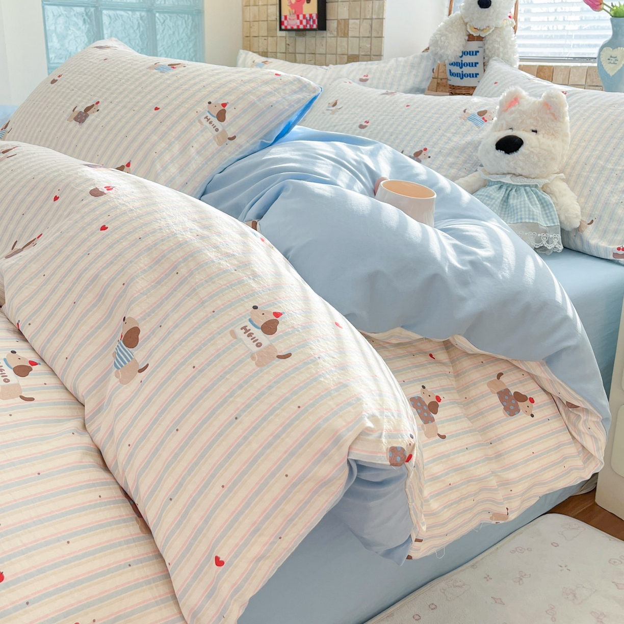 91家纺网 家纺一手货源 找家纺 川悦生活 2026新款云感双层纱木棉四件套 腊肠甜心