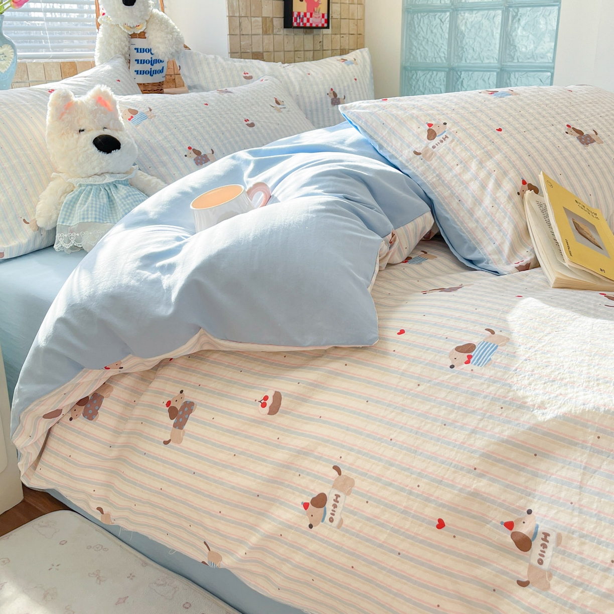 91家纺网 家纺一手货源 找家纺 川悦生活 2026新款云感双层纱木棉四件套 腊肠甜心