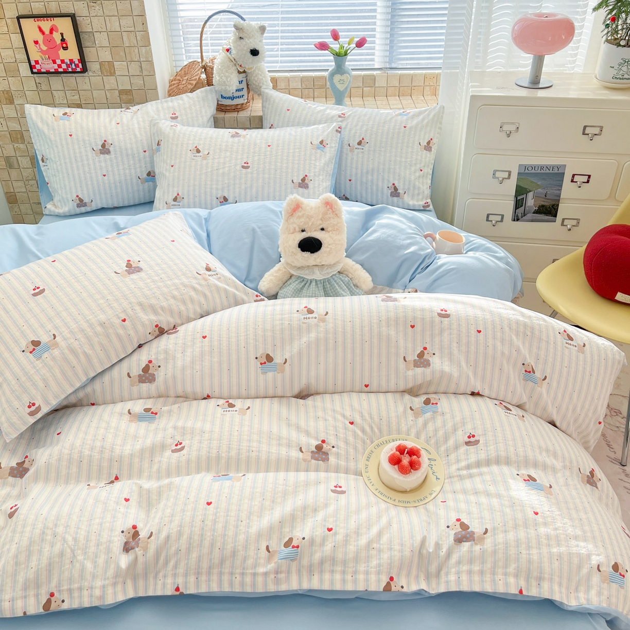 91家纺网 家纺一手货源 找家纺 川悦生活 2026新款云感双层纱木棉四件套 腊肠甜心